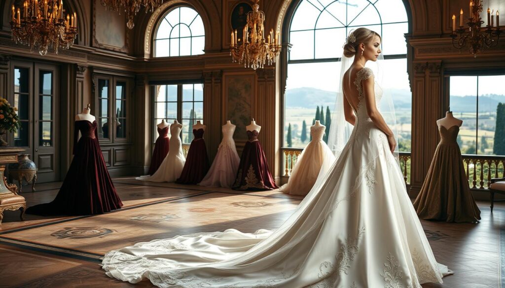 Italian bridal styles featuring luxurious fabrics and elegant bridal gowns.