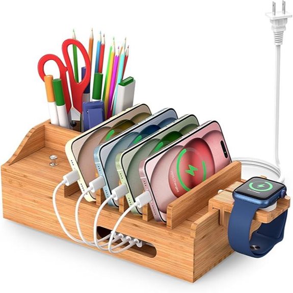 Bamboo Multi-Device Charging Station with Cables and Stand