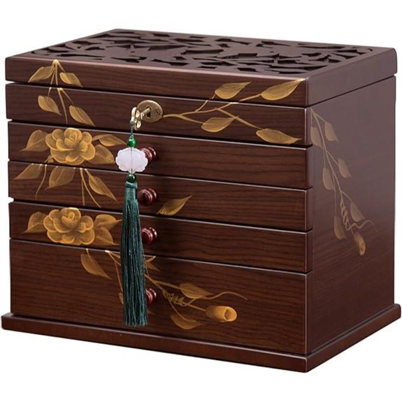Hand-drawn Rose Wooden Jewelry Box with Drawers