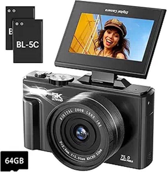 5K 75MP Vlogging Camera with WiFi and Flip Screen