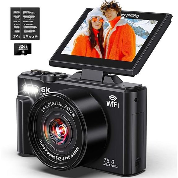 5K WiFi Digital Camera with 75MP Flip Screen Zoom