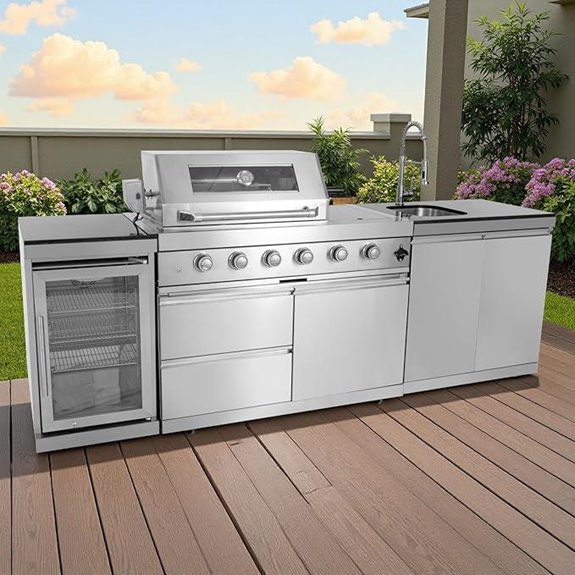 Outdoor 4-Burner BBQ Island with Refrigerator and Sink