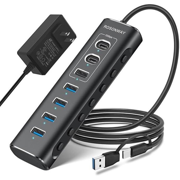 Rosonway 7-Port USB Hub with 12V Power Adapter