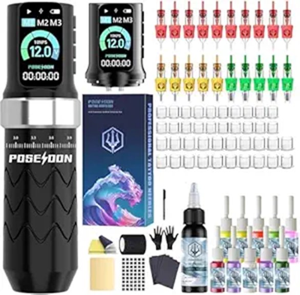 POSEIDON Wireless Tattoo Pen Kit with Needles and LCD