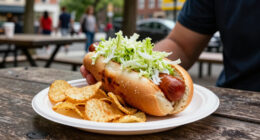 hot dogs with vinegared iceberg and potato chips