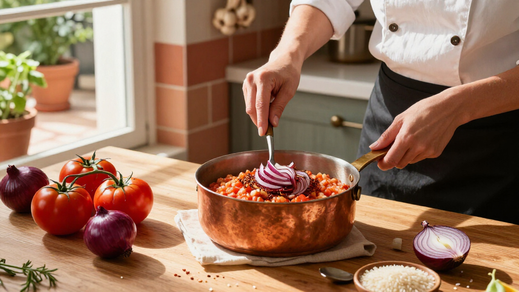 Tomato Risotto With Frizzled Red Onions